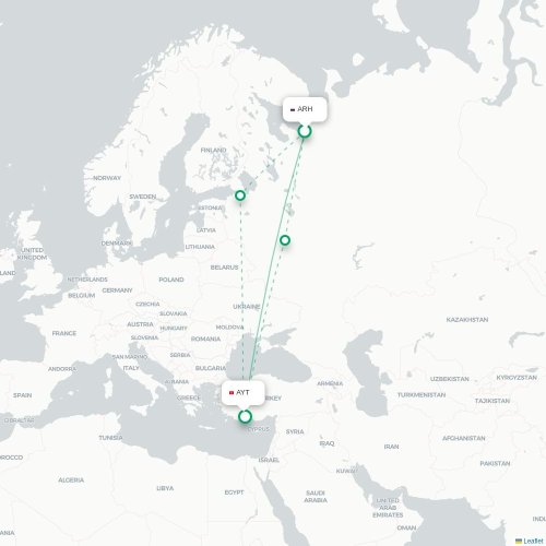 Mapa de vuelo directo Arkhangelsk - Antalya