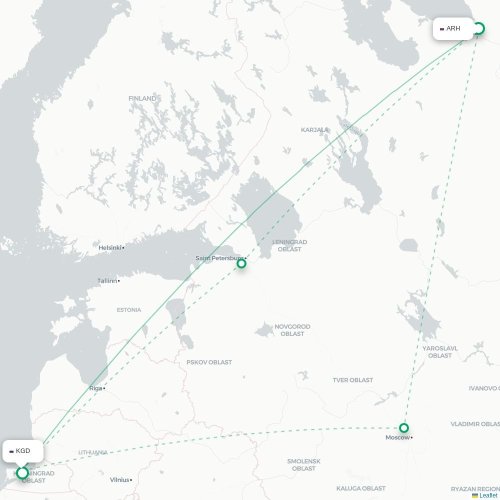Mapa de vuelo directo Arkhangelsk - Kaliningrado