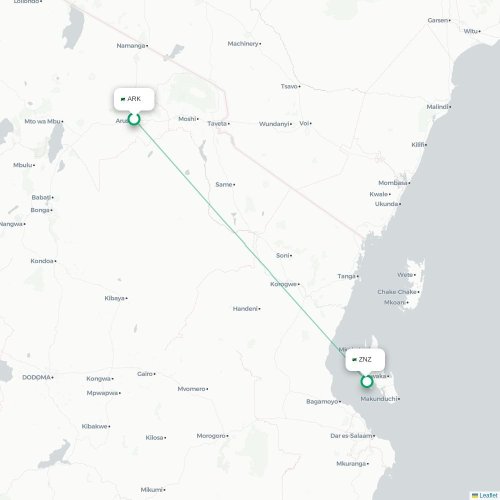 Arusha - Zanzibar kaart van rechtstreekse vlucht