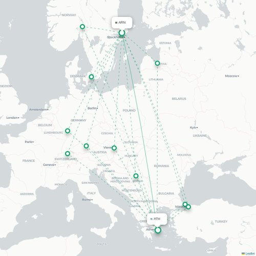 Mapa de vuelo directo Estocolmo - Atenas