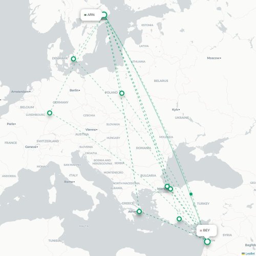 Mapa lotu bezpośredniego Sztokholm – Bejrut