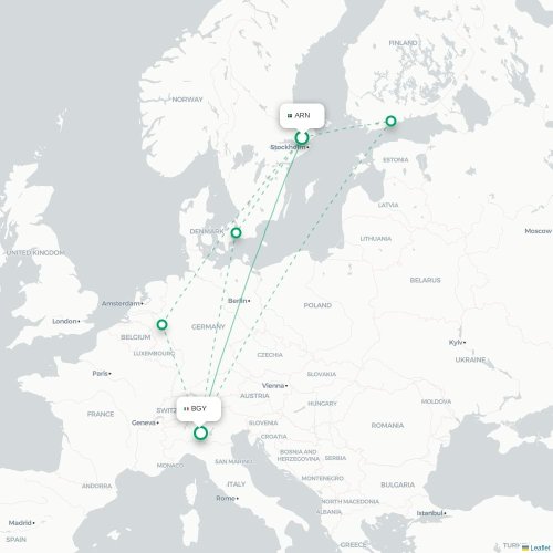 Mapa de vuelo directo Estocolmo - Bérgamo