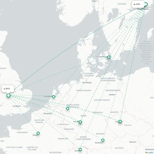 Stockholm - Birmingham kaart van rechtstreekse vlucht