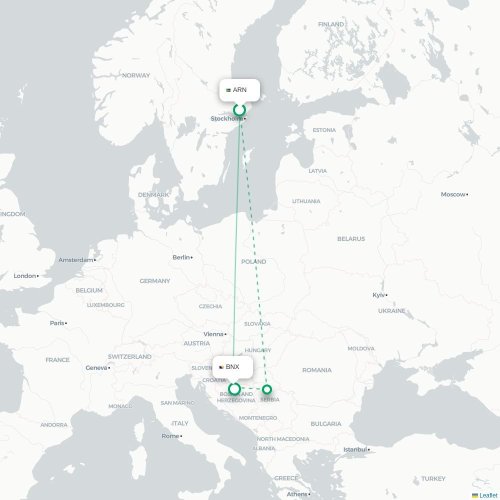 Mapa de vuelo directo Estocolmo - Bania Luka