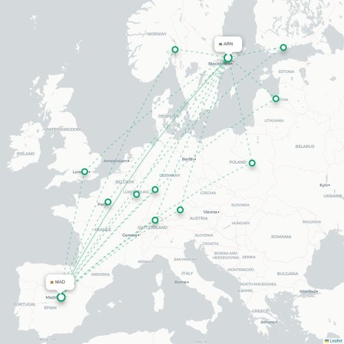 Mapa lotu bezpośredniego Sztokholm – Madryt