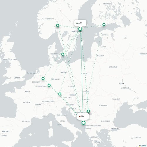 Mapa de vuelo directo Estocolmo - Tivat