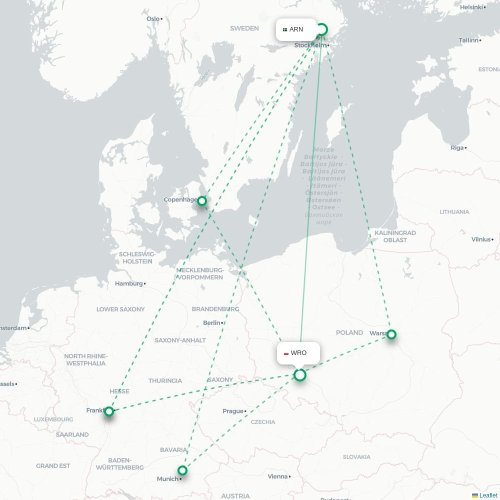 Stockholm - Wroclaw direct flight map