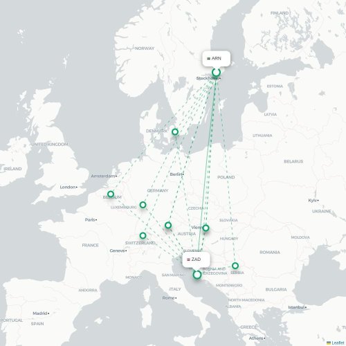 Mapa de vuelo directo Estocolmo - Zadar