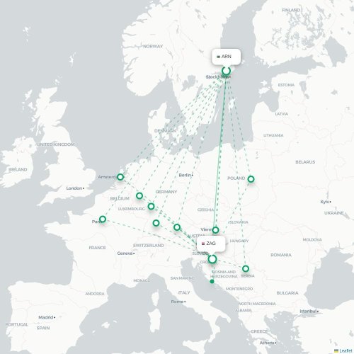 Mapa de vuelo directo Estocolmo - Zagreb