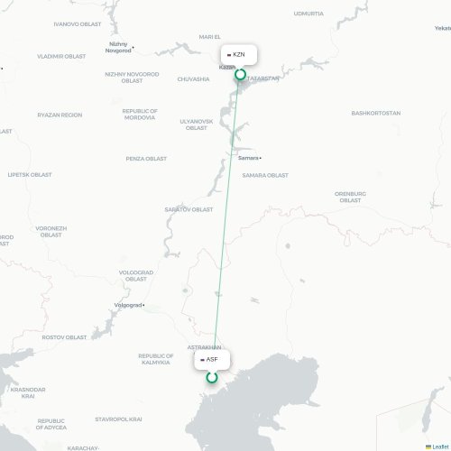 Mapa de vuelo directo Astrakhan - Kazán