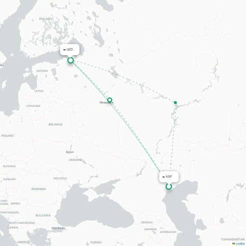 Mapa de vuelo directo Astrakhan - San Petersburgo