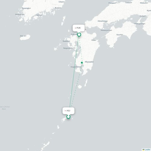 Mapa lotu bezpośredniego Amami – Fukuoka