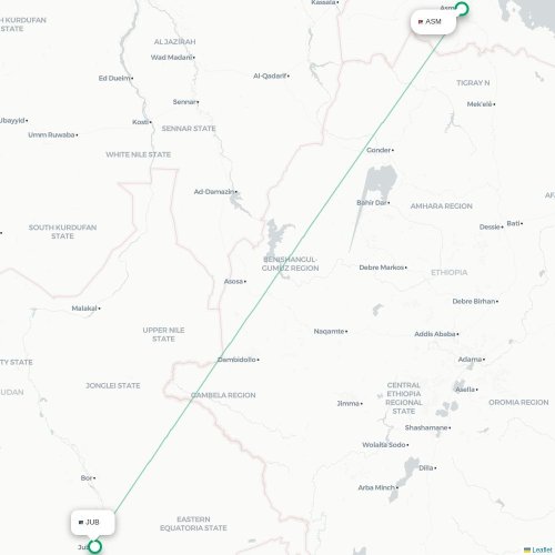 Asmara - Juba kaart van rechtstreekse vlucht