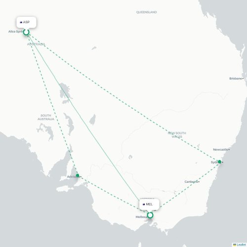 Alice Springs - Melbourne kort over direkte fly