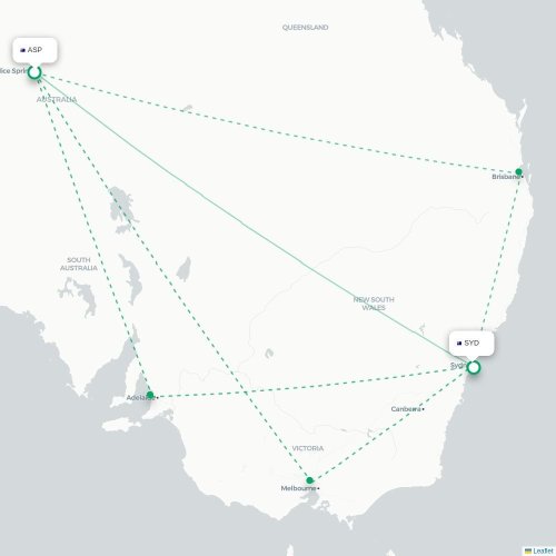 Alice Springs - Sydney kort over direkte fly