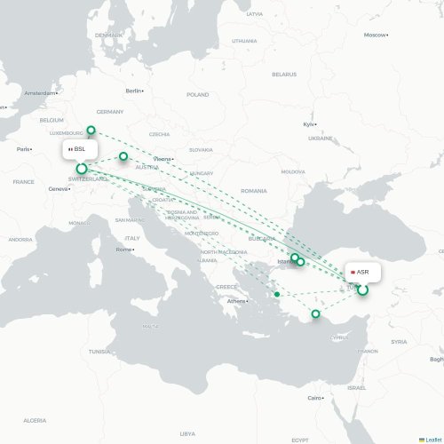 Mapa de vuelo directo Kayseri - Basilea, Suiza