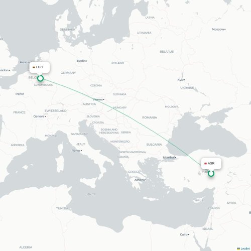 Kayseri - Luik kaart van rechtstreekse vlucht
