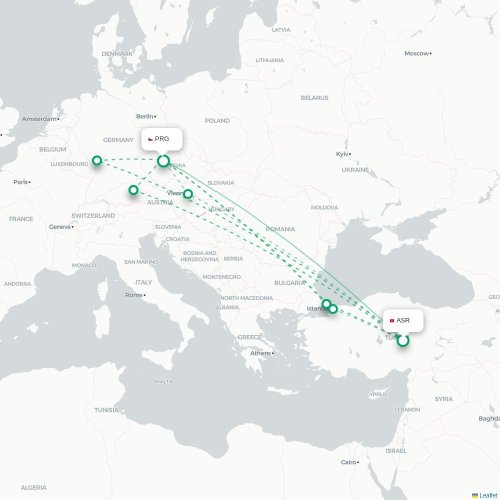 Mapa lotu bezpośredniego Kayseri – Praga