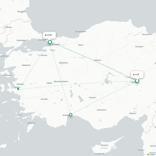Mapa de vuelo directo Kayseri - Estambul