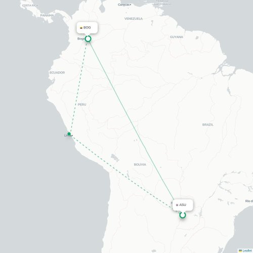 Mapa lotu bezpośredniego Asunción – Bogota