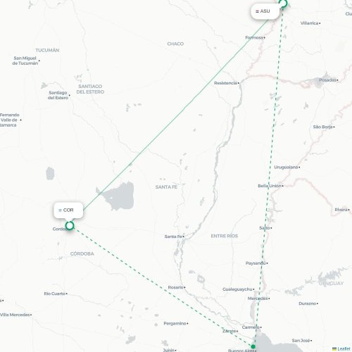 Mapa lotu bezpośredniego Asunción – Kordoba