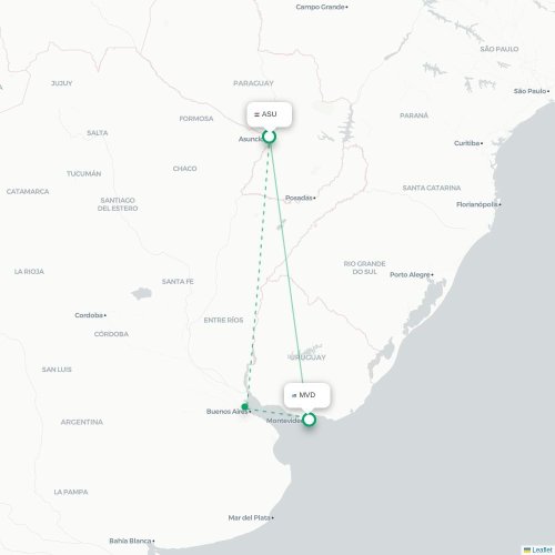 Mapa lotu bezpośredniego Asunción – Montevideo