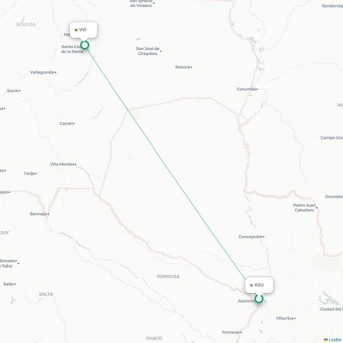 Mapa lotu bezpośredniego Asunción – Santa Cruz