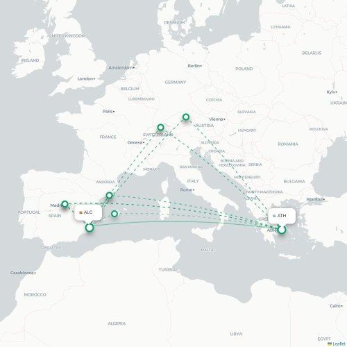 Mapa de vuelo directo Atenas - Alicante