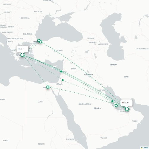 Mapa de vuelo directo Atenas - Abu Dabi