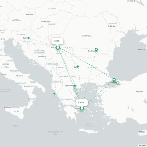 Mapa de vuelo directo Atenas - Belgrado