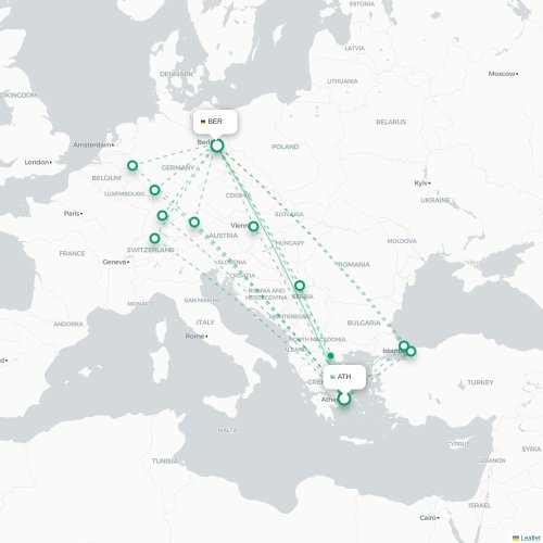 Mapa de vuelo directo Atenas - Berlín