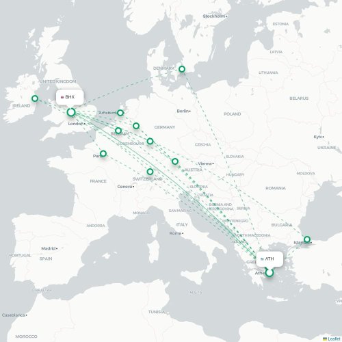 Mapa de vuelo directo Atenas - Birmingham