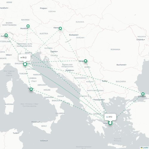 Aten - Bologna karta över direktflyg
