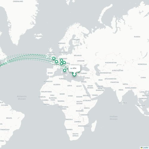 Mapa de vuelo directo Atenas - Boston
