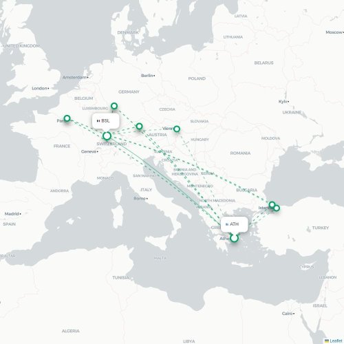 Mapa de vuelo directo Atenas - Basilea, Suiza