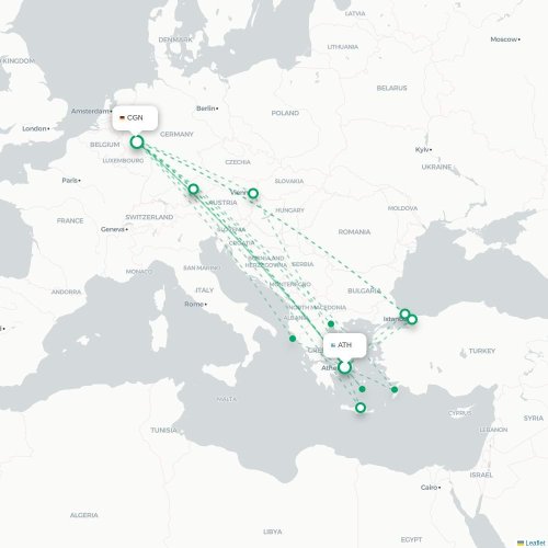 Mapa de vuelo directo Atenas - Colonia