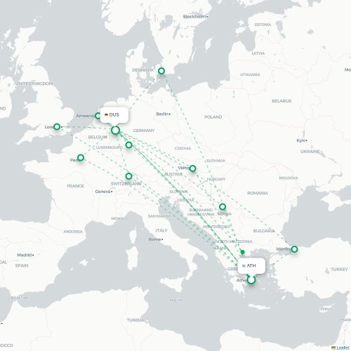 Mapa de vuelo directo Atenas - Düsseldorf
