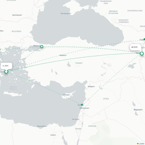 Mapa de vuelo directo Atenas - Ereván