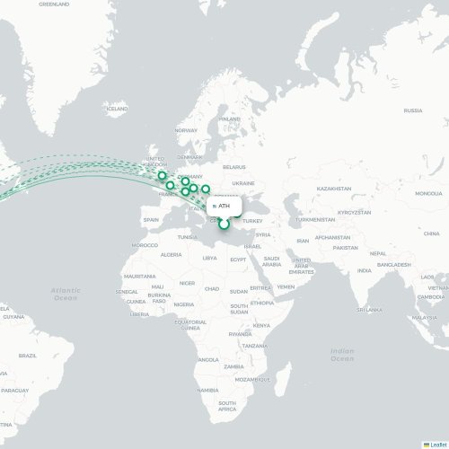 Mapa de vuelo directo Atenas - Newark