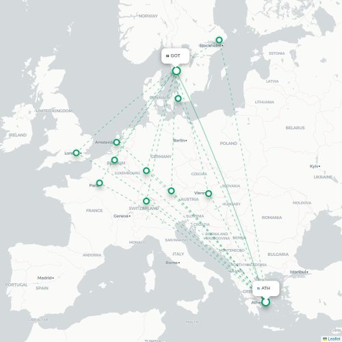 Mapa de vuelo directo Atenas - Gotemburgo
