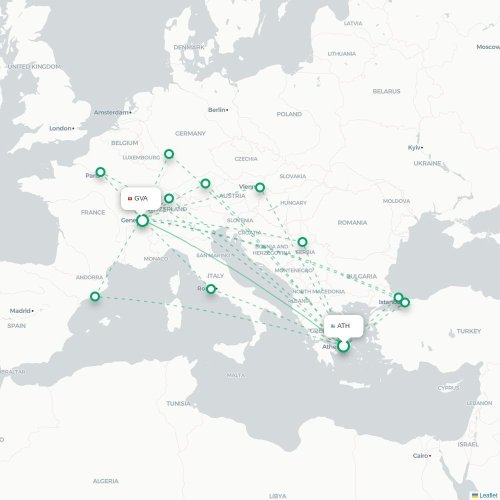 Mapa de vuelo directo Atenas - Ginebra