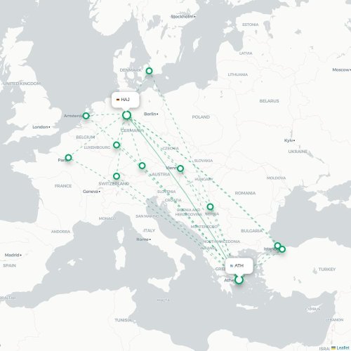 Mapa de vuelo directo Atenas - Hannover