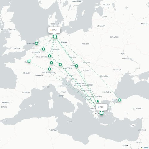 Mapa de vuelo directo Atenas - Hamburgo