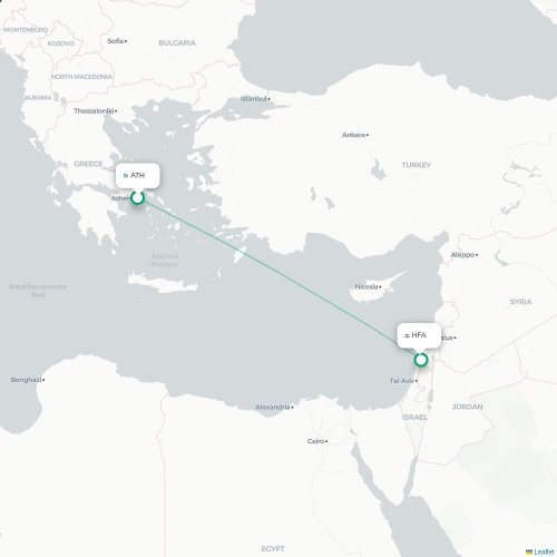 Mapa de vuelo directo Atenas - Haifa