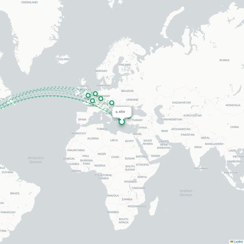 Mapa de vuelo directo Atenas - Washington D. C.