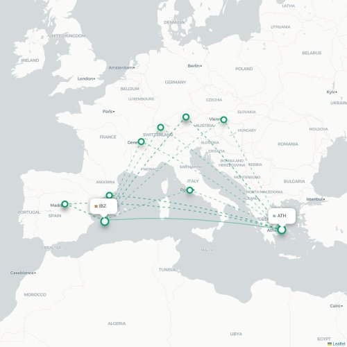 Mapa de vuelo directo Atenas - Ibiza