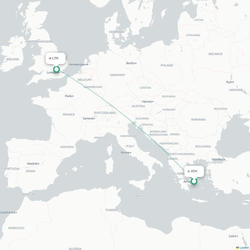 Mapa de vuelo directo Atenas - Londres