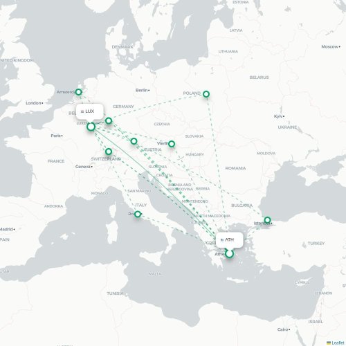 Mapa de vuelo directo Atenas - Luxemburgo