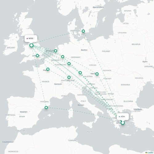 Mapa de vuelo directo Atenas - Mánchester