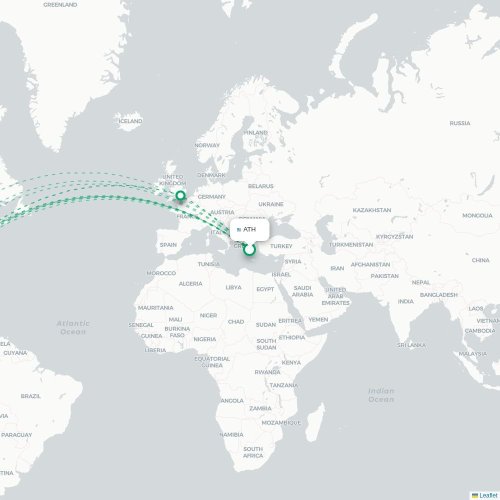 Mapa de vuelo directo Atenas - Filadelfia